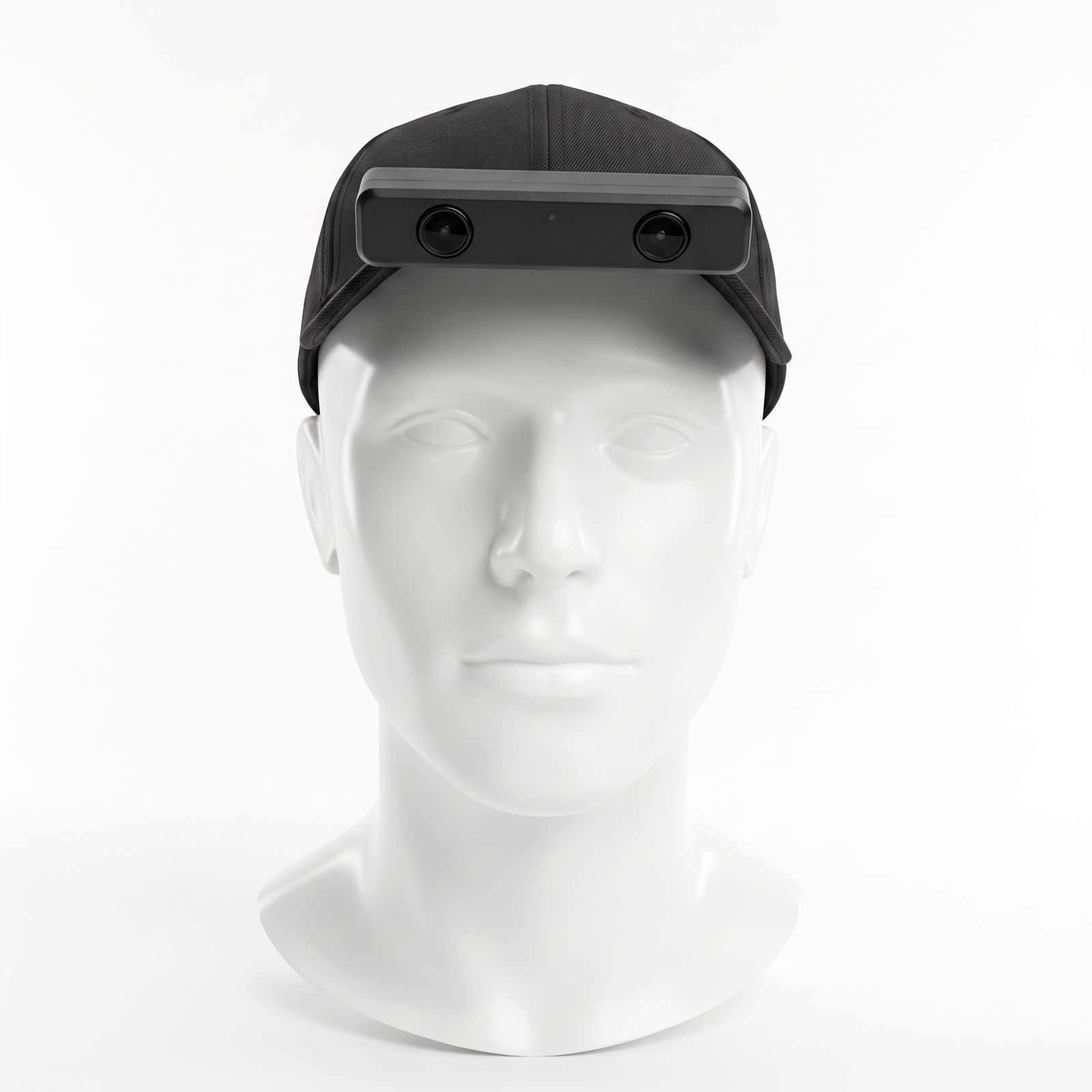 Front view of the OpenRobot Stereo-cap on a white mannequin